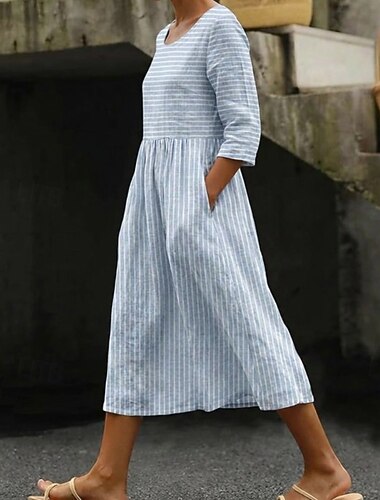  Per donna Abito Midi Vestito Casual Abito a trapezio Elegante Casual Quotidiano Vacanza Vestibilità comoda A righe Manica Corta Girocollo Grigio Azzurro Estate Primavera