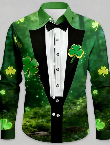  St. Patrick's Day Herren Shamrock Faux Kragen und Anzug Design Keltische Kunst Hemd Button Up Hemd Langarm Vintage Retro Party Feiertag Frühling Herbst Umgeschlagen 3D Druck Kragenhemden Grün 1 Licht
