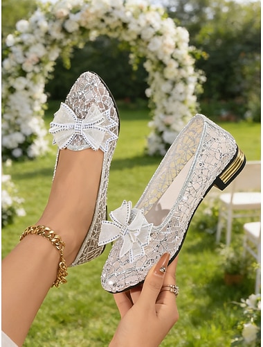  נעלי תחרה שטוחות כסופות לנשים עם עיטורי קשת - נעלי אורחי חתונה אלגנטיות ונוחות לחתונות בגינה, בגינה ובחוץ