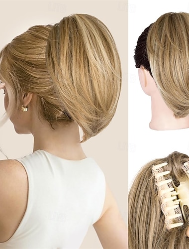  Clip-in-Pferdeschwänze für Damen – 25 cm kurzer Pferdeschwanz, gerade Haarverlängerungen, synthetische Haarverlängerungen, Clip-in-Pferdeschwanz (dunkelblond mit beigeblonden Strähnen) 10