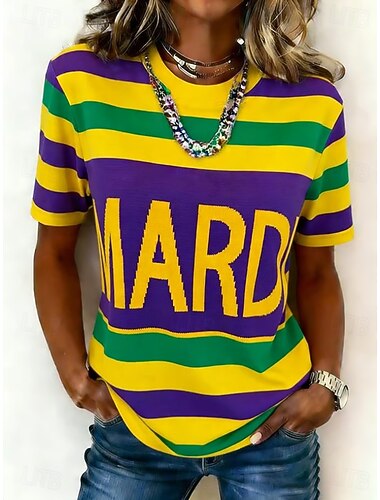  Carnaval Dames T-shirt Afdrukken Grafisch Geometrisch Vintage Modieus Stijlvol Korte mouw Strakke ronde hals Normale tops Dagelijks Geel Paars Groen Zomer Lente