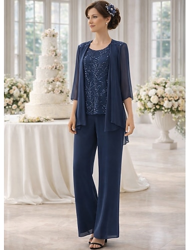  Terninho Longo Vestido Para Mãe dos Noivos Manga 3/4 Decorado com Bijuteria Elegante Convidado do casamento Festa de Noivado Chiffon Renda com Renda