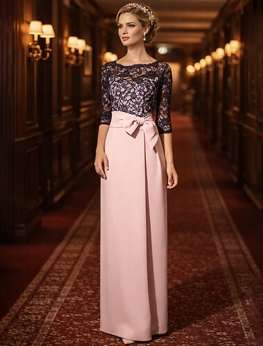  Fourreau Colonne Longueur au sol Robe d'invité de mariage Robe de Cérémonie Robe de soirée Robe de Mère de Mariée  Manche 3/4 Bijoux Élégant robe demoiselle d honneur Satin Dentelle avec Noeud(s)