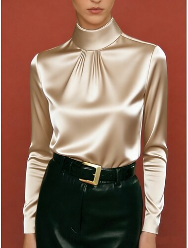  Dames Overhemd Satijnen overhemd Blouse Tops met lange mouwen Met ruches Effen Kleur Stijlvol Basic Klassiek Lange mouw Hoge nek Normale tops Dagelijks Feestdagen Uitgaan Zwart Wit Paars Khaki Zomer