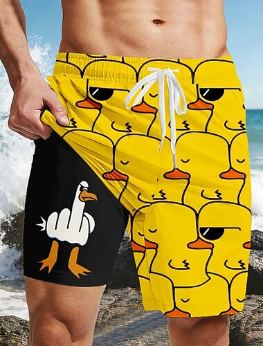  Voor heren Grappig Eend Middelvinger Gevoerde shorts 2 in 1 zwemshorts Zwemshorts Medium Taille Hawaii Strandvakantie Zijzakken Met compressievoering Elastische tailleband met trekkoord Ontwerper