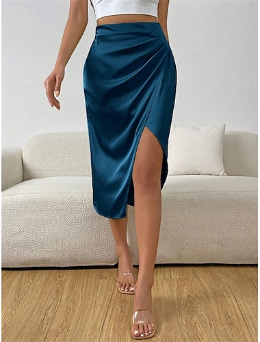  Per donna Elegante Vintage Moda Retrò Vintage Midi Vita Alta Gonne Semplice Arricciato Patchwork Inelastico Quotidiano Feste Blu Aalbicocca Rosa Estate Spandex Raso