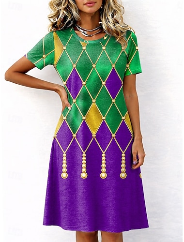  Carnaval Mardi gras Dames Halflange jurk Hemdjurk T shirt jurk Zomerjurk Casual Dagelijks Normale pasvorm Grafisch Abstract Korte mouw Strakke ronde hals Wit Paars Groen Zomer Lente