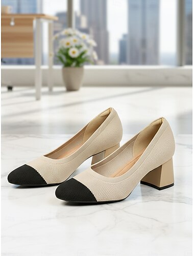  Sapatos de malha com bico arredondado, em tons de bege e preto, para mulheres – confortáveis, com salto bloco e respiráveis, ideais para o dia a dia no trabalho e no escritório. &mulheres