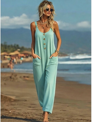  Damen Normal Overall Aktiv Einfarbig Ärmellos Weites Bein Rundhals Knöpfe Täglich Strand Lässiger Schnitt Schwarz Weiß Grün Sommer