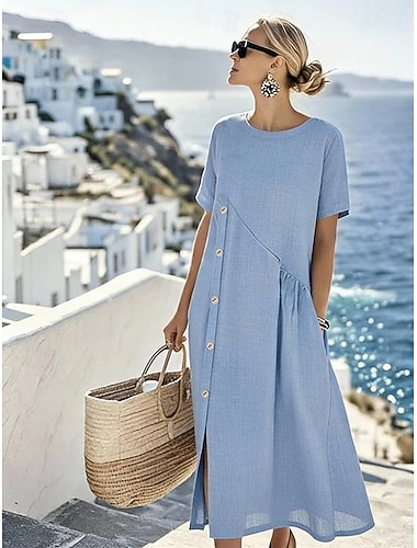  Robe midi femme, coupe trapèze, décontractée et ample, manches courtes, col à revers, bleu, blanc, marron, été, printemps, automne