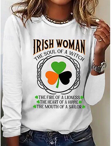 St. Patrick's Day Kvinne T-skjorte Grafisk Kløver Bokstav Stilren Klassisk Casual Langermet Rund Hals Regular Topper Daglig Print Blå Svart Hvit Rosa Beige Vår Høst