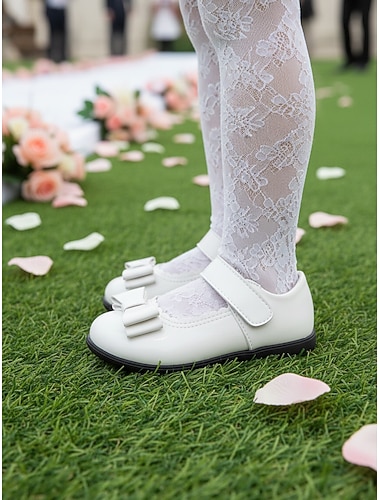  Klassiske hvite Mary Jane-sko til barn med 3D-blomsterapplikasjon og justerbar stropp, søt prinsessestil for jenter, ideelle sko til bryllupsblomsterjenter til seremonier