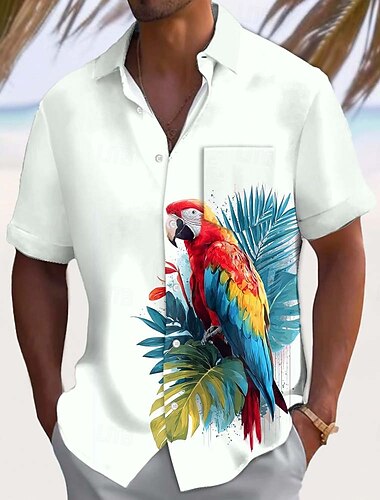  Homme Perroquet Plantes Tropicales Fleurs Chemise hawaïenne Chemise Boutonnée Chemise Aloha Manche Courte Hawaïen Occasionnel Vacances Été Printemps Col Rabattu Impression 3D chemises à col Une poche