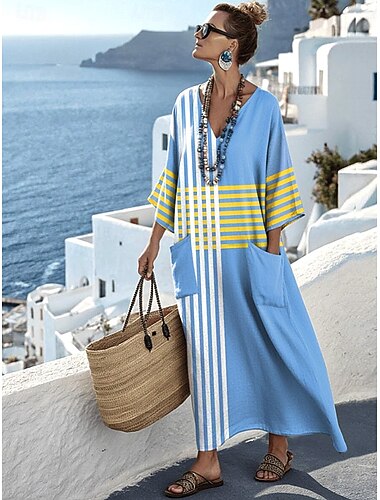  Abito Maxib da Donna Simil Lino Traspirante Leggero Vestito Estivo A Linea Vacanza Casual Boho Spiaggia Uscite Floreale Grafico Geometrico Maniche Lunghe V Collo Blu Rosso Blu Cielo Arancione Estate