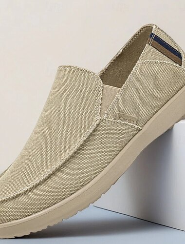  Beige slip-on-skor i canvas för män, mjuk och lätt konstruktion, minimalistisk och avslappnad stil, lämpliga för vardagsbruk, resor och fritid
