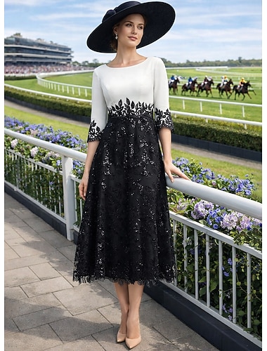  A-Linie Tee-Länge Partykleid Cocktailkleid Kleid für Hochzeitsgäste Brautmutterkleid Halbarm Juwelenhals Elegant Vintage Hochzeitsgast Hochzeitsfeier Spitze mit Spitze Farbblock