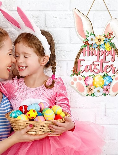  Placa de porta de madeira com coelhinho da Páscoa, decoração para parede com tema de Páscoa e arranjos florais.