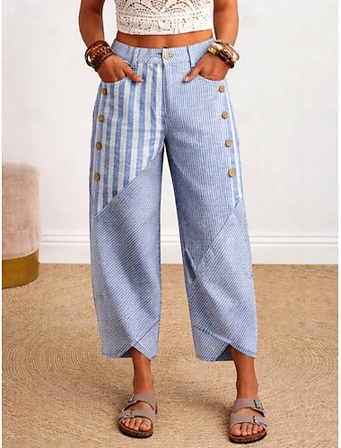  Mujer Perneras anchas Chinos Pantalones anchos Pantalones cortos de playa Vacaciones Vintage Estilo Étnico Hasta el Tobillo Alta cintura Graphic A Rayas Correa Retazos Estampado Suave Transpirable