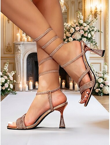  Γυναικεία ροζ χρυσά γόβες με στρας και λουράκια, κομψά σανδάλια με ανοιχτά δάχτυλα και τράβηγμα μέχρι τον αστράγαλο για καλεσμένους γάμου σε μοντέρνους γάμους στην πόλη