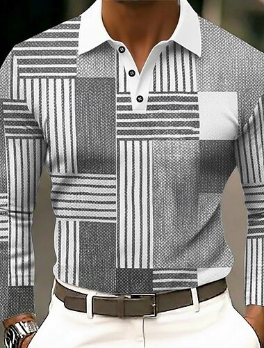  Herre Geometrisk Farveblok Polo skjorter Langærmet Polo skjorter Knaphul Forretningsmæssigt afslappet udendørs Dagligdagstøj 3D-udskrivning Knapper Forår Efterår Blå Sort Navyblå