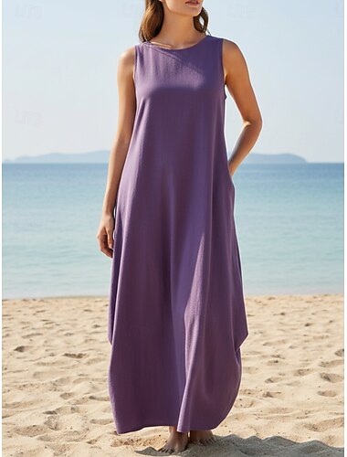  Mulheres Vestido Longo 100% Algodão Vestido de turno Vestidos Para o Verão vestido de praia Elegante Moda Moderno Ao ar livre Praia Férias Normal Tecido Sem Manga Gola Redonda Roxo Marron Azul Escuro