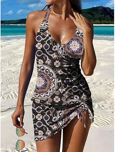  Dames Zwemkleding Tankini Rok Zwempak Halster Elegant Vakantie Grafisch Meetkundig V-hals Mouwloos Badpakken