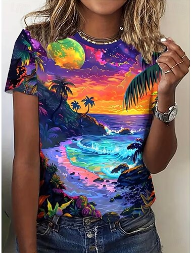  Per donna Maglietta Stampato Grafico Vintage Elegante Classico Manica Corta Girocollo Top Regolari Quotidiano Weekend Verde scuro Viola Fucsia Estate Primavera