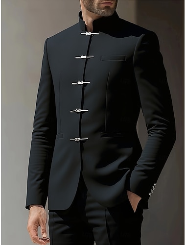  Per uomo Giacca blazer Casuale Quotidiano All'aperto Moda Stile Cinese Primavera Tutte le stagioni Poliestere Tinta unica Minimalista Di tendenza Monopetto Bottone frontale Giacca Nero