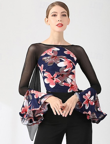  női virágmintás társastánc felső áttetsző hálós toldás harangujjas ing keringő tangó latin gyakorló blúz sötétkék