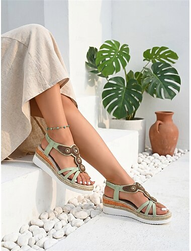  Sandales compensées à perles style bohème vertes pour femmes – Chaussures à plateforme de style ethnique pour les vacances d'été, la plage et les tenues décontractées
