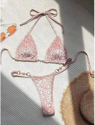 Damen Badeanzug Bikini Zweiteilig Tanga Bademode Schlank Rückenfrei Urlaub Strandbekleidung Einfarbig Leopard Neckholder Ärmellos Badeanzüge