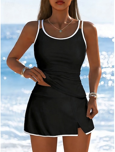  Női Fürdőruha Tankini 2 darab Szoknya Fürdőruha Hasszorító Magas derék Vékony Nyitott hátú Szabadság Strandruházat Tömör szín U-alakú Ujjatlan Fürdőruhák