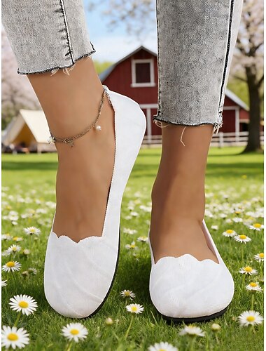  Witte, elastische damesschoenen met wijde pasvorm en geschulpte randen, zachte gebreide instappers voor comfortabel dagelijks gebruik, casual uitjes, reizen en lente-/zomeractiviteiten.