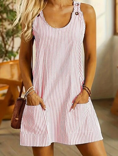  Per donna Mini Abito Vestito Casual Abito Sottoveste Moda Moderno All'aperto Vacanza Uscire Vestibilità regolare A righe Senza Maniche Girocollo Nero Rosa Blu Reale Verde Estate Primavera