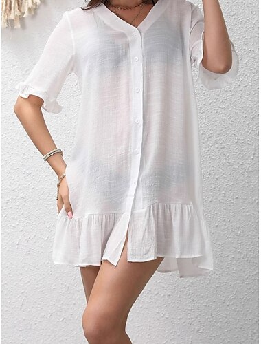  Femmes Mini Robe Robe Blanche Robe de Plage Robe noire Vêtement couvrant Élégant Mode Classique Quotidien Extérieur Plage Coupe Ample Uni Demi Manches Col en V Noir Blanche Kaki Été Printemps
