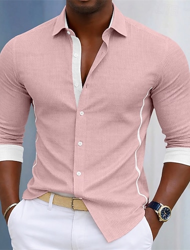  Herren Hemd Kleidhemd Knopfhemd Farbblock Lässig Täglich Hellblau Schwarz Weiß Rosa Langarm Umlegekragen Sommer Frühling Bekleidung Jacquard