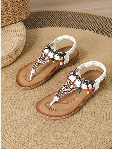  Boho perlebesatte flade sandaler til kvinder, livlige farverige udsmykninger, blød og behagelig sål, perfekt til strandferier