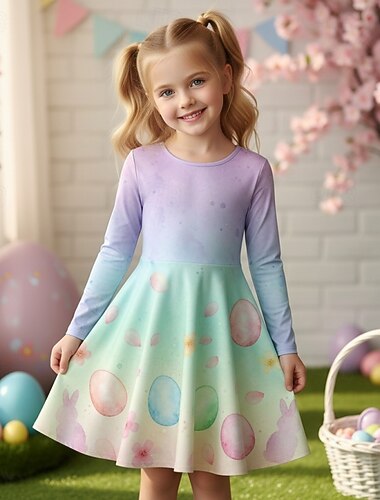  pääsiäinen tyttöjen 3D-graafinen kanivärinen liukuvärjäysmekko pitkähihainen 3D-tulostus kevät syksy päivittäin loma juhla rento prinsessa kaunis lasten 4-12 vuotta rento mekko A-linjainen mekko