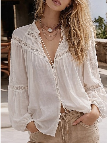  Femmes Chemisier Dentelle Couleur Unie Élégant Bohème Occasionnel manche longue Col en V Hauts Réguliers Quotidien Blanche Été Printemps Automne