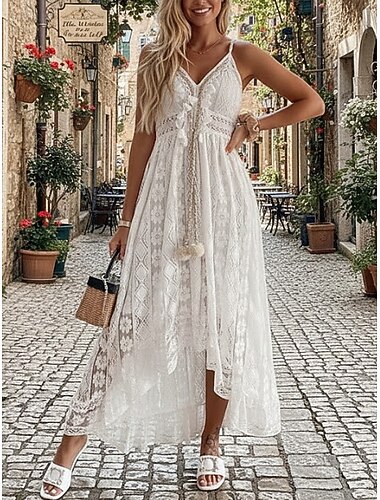  Damen Midikleid Weißes Spitzenkleid A Linie Kleid Lässig Täglich Normale Passform Einfach Ärmellos V Ausschnitt Weiß Sommer