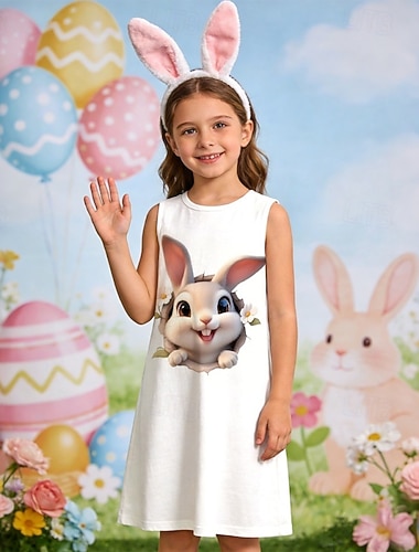  Pasqua ragazze' 3D Grafico Coniglio Abito Senza Maniche Stampa 3D Estate Primavera Quotidiano Vacanza Feste Casual Principessa Bello Bambini 4-12 Anni Vestito Casual Abito a Tubino Lunghezza al
