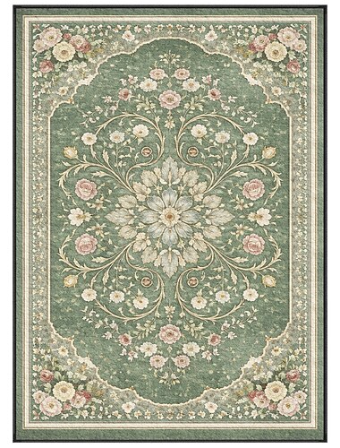  Eleganter, dekorativer Teppich in Salbeigrün mit Rosenmuster, perfekt für Wohnzimmer und Wintergarten.