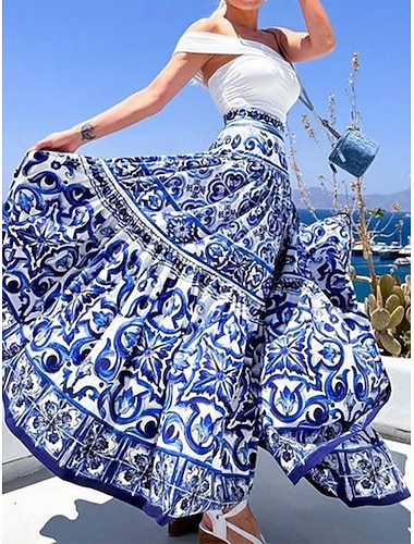  Damen Ethnisch Lässig Boho Maxi Hohe Taille Röcke Blumen Grafik Druck Dehnbar Täglich Straße Blau Sommer Polyester