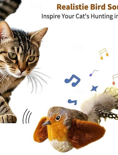  Jouet interactif pour chat avec oiseau chanteur &battements d'ailes, gazouillis automatiques &herbe à chat &une corde pour chats d'intérieur, un bâtonnet à griffer &mordillements, accessoires pour