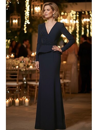  Åtsmitande Golvlång Formell klädsel Aftonklänning Balklänningar Kvälls klänningar Balklänning Formell klädsel Elegant Vintage Långärmad V-hals Bröllop Formell Stretch crepe med Bård Krusad