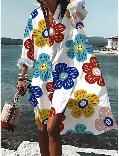  Dame Midikjole Skjortekjole Hverdagskjole Sommerkjole Elegant Ferie Tropisk Strand Løstsiddende Blomstret Langærmet Krave Blå Sort Hvid Sommer Forår