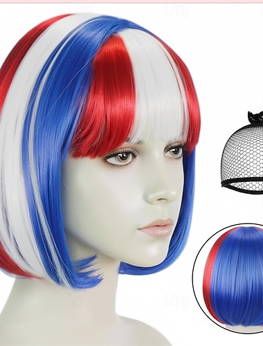  Perruque bleue rouge et blanche avec frange pour femmes et filles perruques courtes bob de 4 juillet perruque synthétique résistante à la chaleur pour la fête du 4 juillet