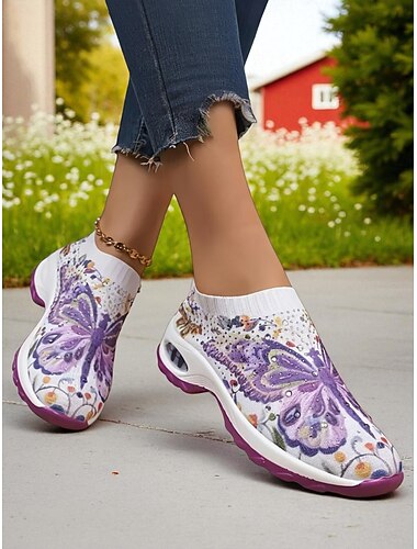  Tênis slip-on feminino com estampa vibrante de borboletas e amortecimento de ar - calçado respirável em malha para caminhadas, exercícios leves e passeios casuais.