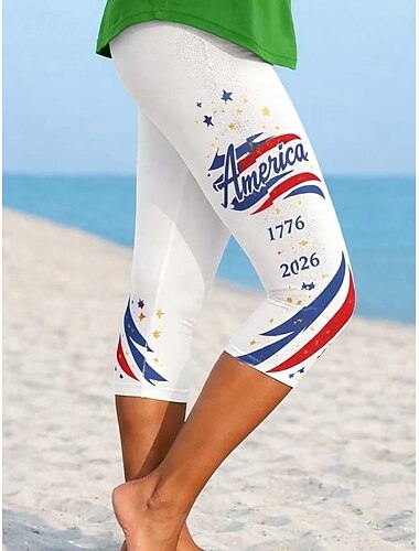  Dia da Independência Aniversário Americano Patriótico Calças Capri Femininas Leggings Férias Havaianas Estilosas Capri Cintura Média Calças Gráficas Bandeira Nacional Conforto Alta Elasticidade Férias