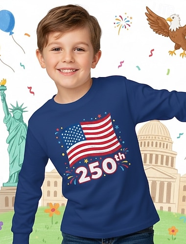  Jungen 3D Grafik Flagge 250-jähriges Jubiläum T-Shirt Langarm 3D-Druck Frühling Herbst Sport Mode Streetwear Kinder 4-12 Jahre Rundhalsausschnitt Lässig Täglich Outdoor Normale Passform